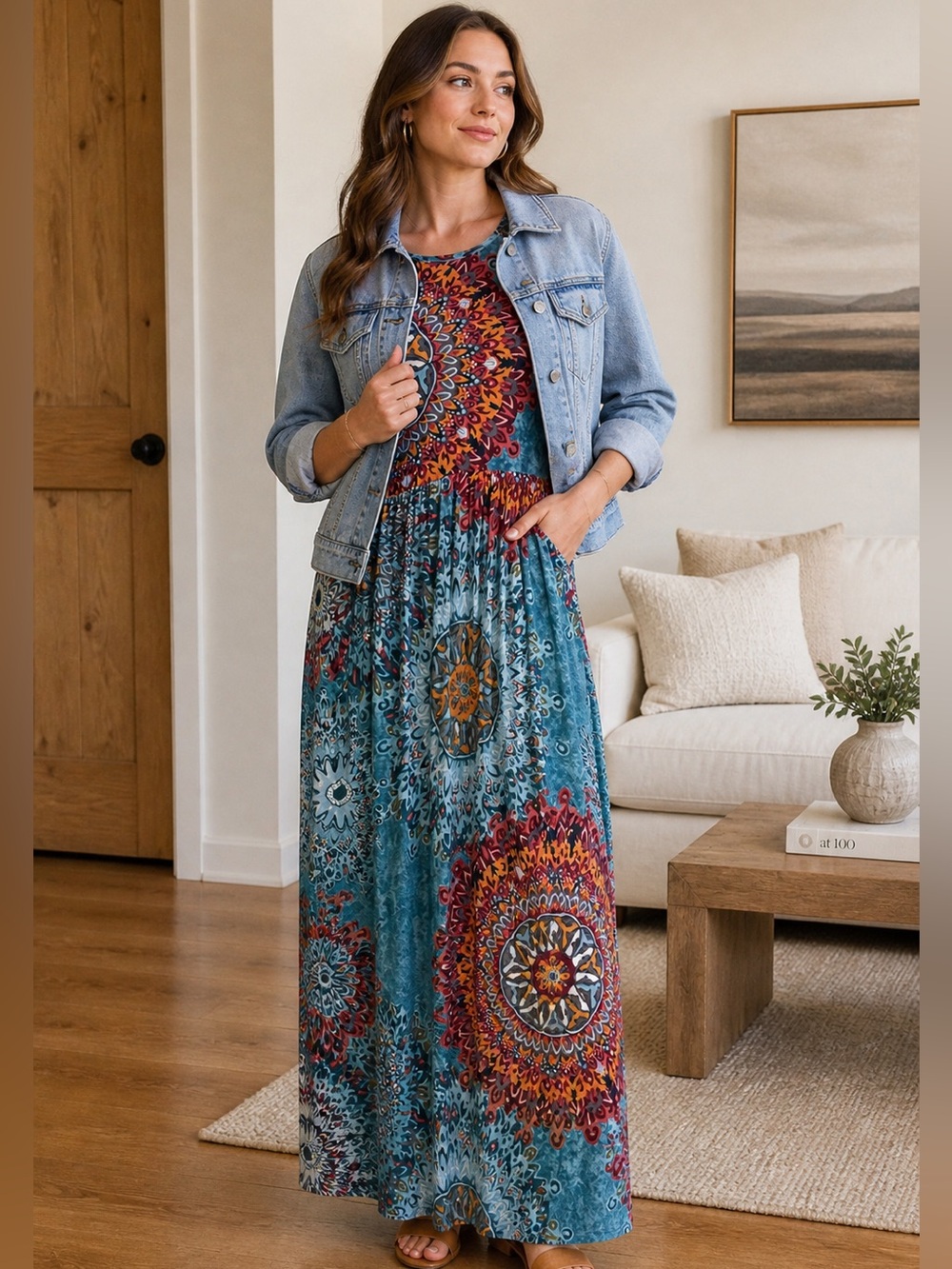Grecerelle Boho Maxi Dress Large Colorful Mandala Print 59” Long - Picture 2 of 12